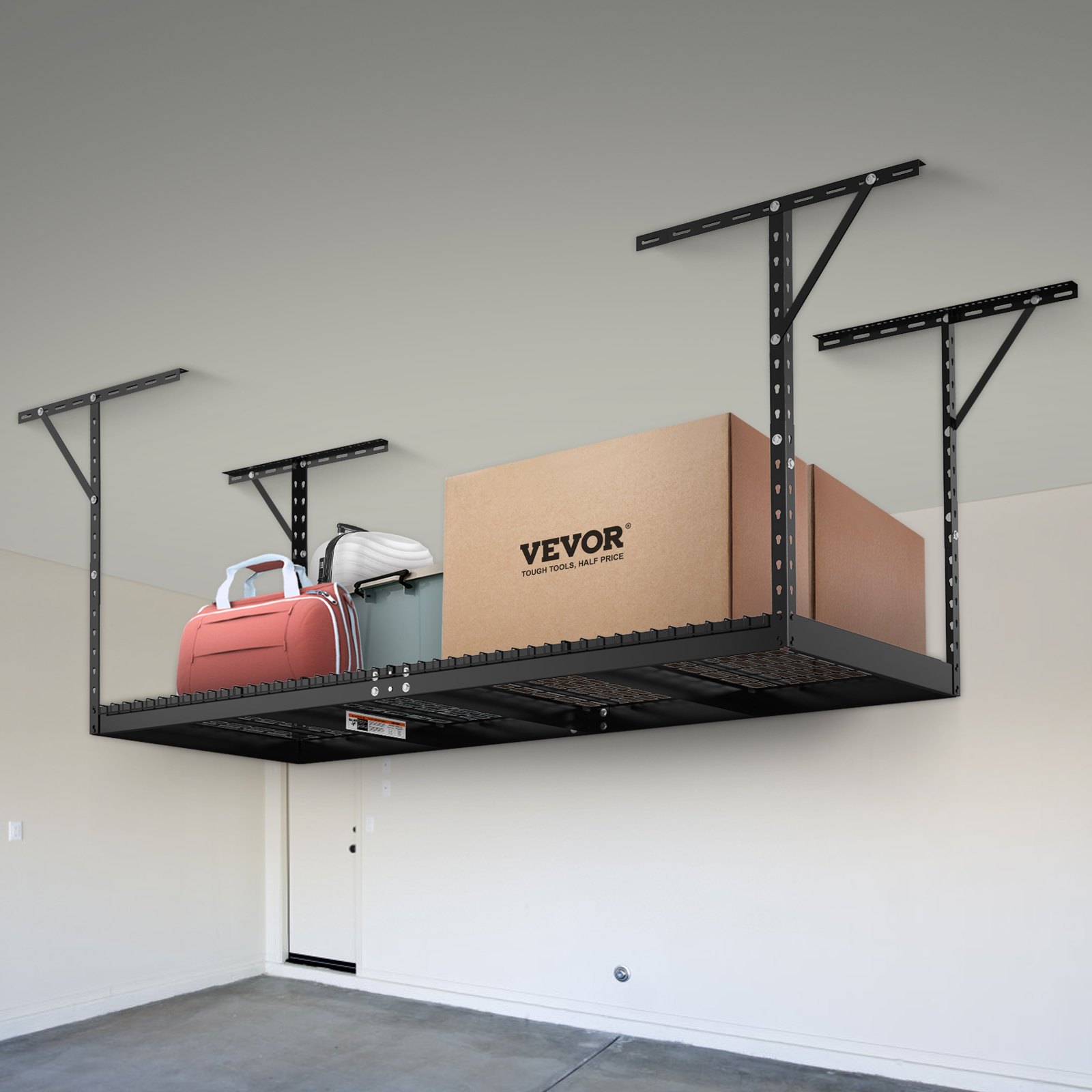 VEVOR overhead garage storage rack with suitcases and boxes, maximizing ceiling space in a clean garage.