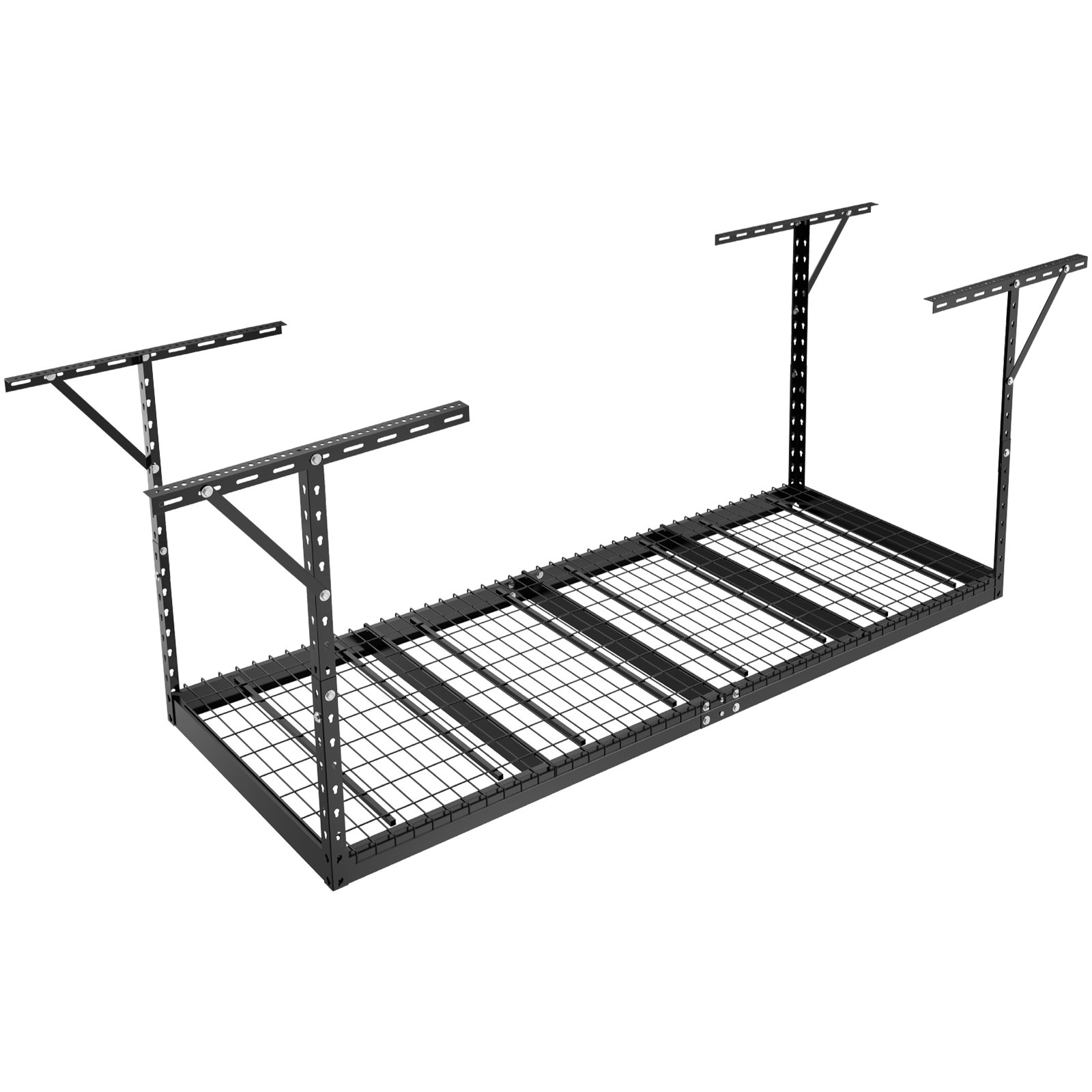 VEVOR overhead garage storage rack with a black metal frame and wire mesh design for ceiling installation.