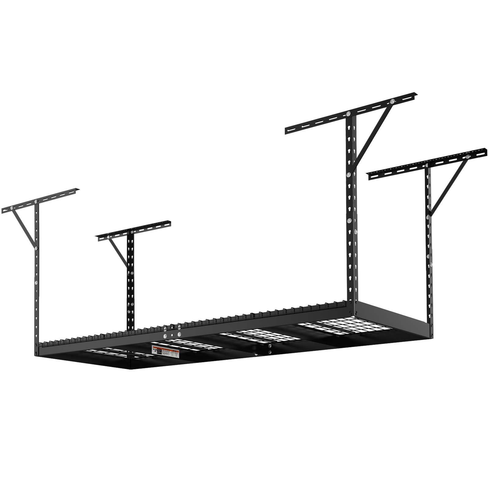 VEVOR overhead garage storage rack with black metal frame and adjustable ceiling mounts.