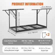 VEVOR Overhead Garage Storage Rack, 36x72 inch Garage Ceiling Storage Racks, Heavy Duty Adjustable Cold Rolled Steel Racks for Garage Storage, Organization, 550 lbs Load Capacity, 22''-40", Black