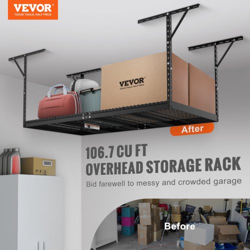 VEVOR Overhead Garage Storage Rack, 4x8 Garage Ceiling Storage Racks, Heavy Duty Adjustable Cold Rolled Steel Racks for Garage Storage, Organization, 600 lbs Load Capacity, 22''-40" (Black)