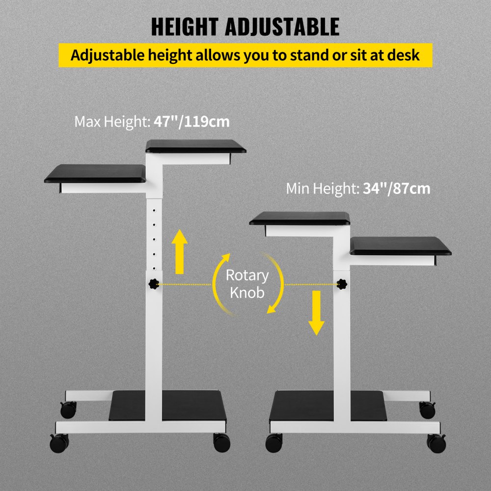 VEVOR Mobile Standing Desk, Rolling Laptop Desk w/ Three Shelves, 34-47in Adjustable Height with Four 360° Rotation Wheels for Home, Office