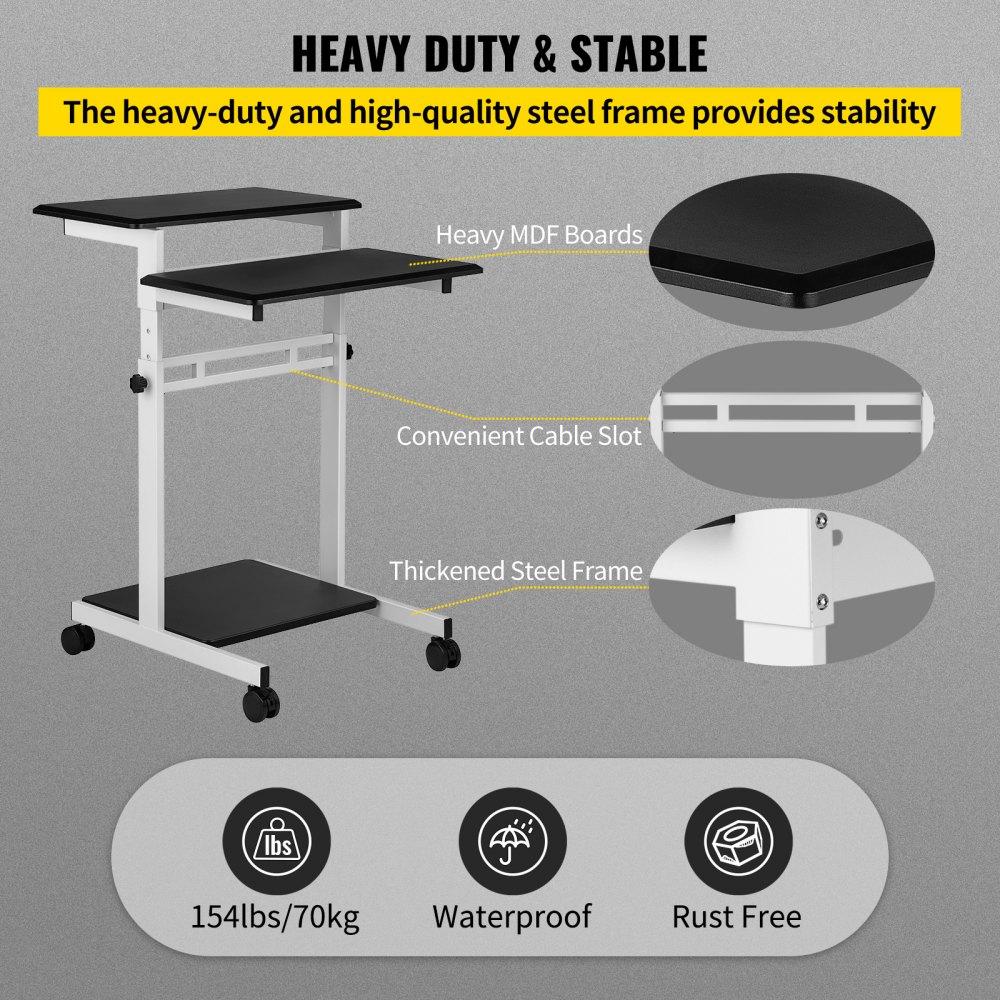 VEVOR Mobile Standing Desk, Rolling Laptop Desk w/ Three Shelves, 34-47in Adjustable Height with Four 360° Rotation Wheels for Home, Office