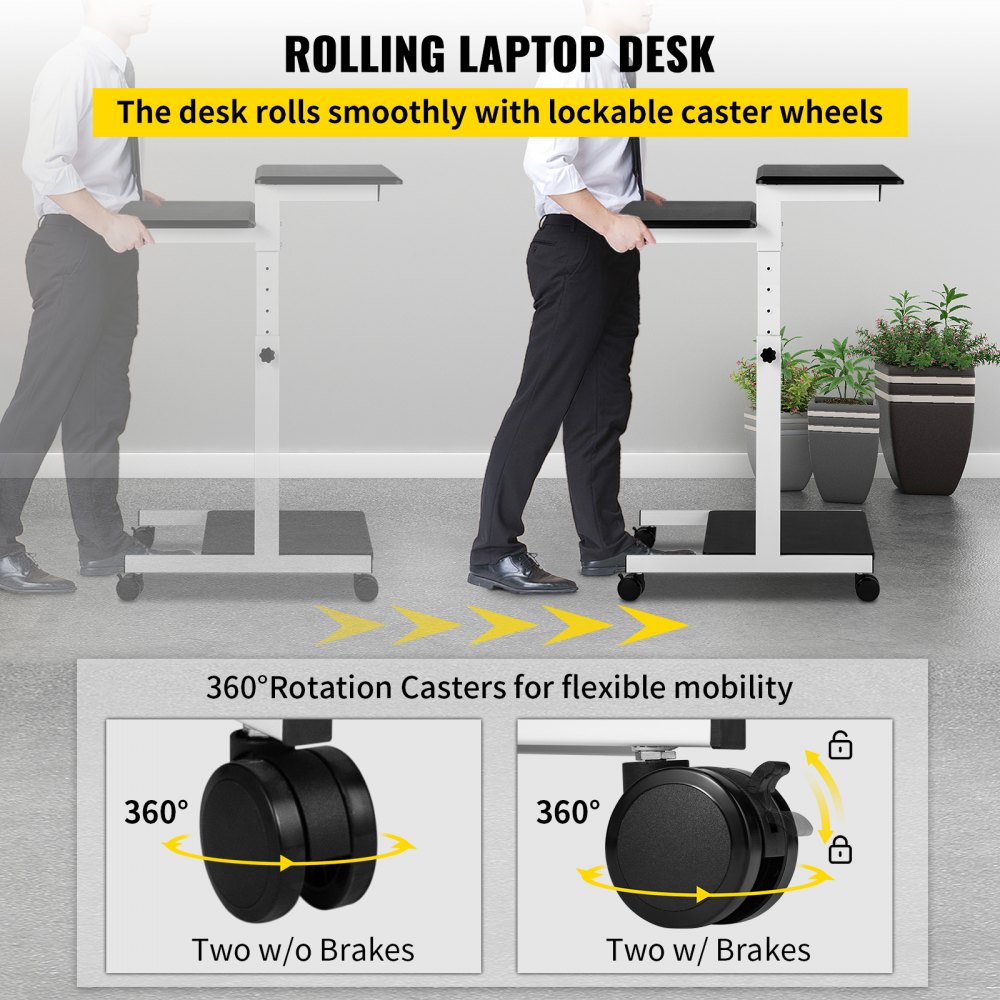 VEVOR Mobile Standing Desk, Rolling Laptop Desk w/ Three Shelves, 34-47in Adjustable Height with Four 360° Rotation Wheels for Home, Office