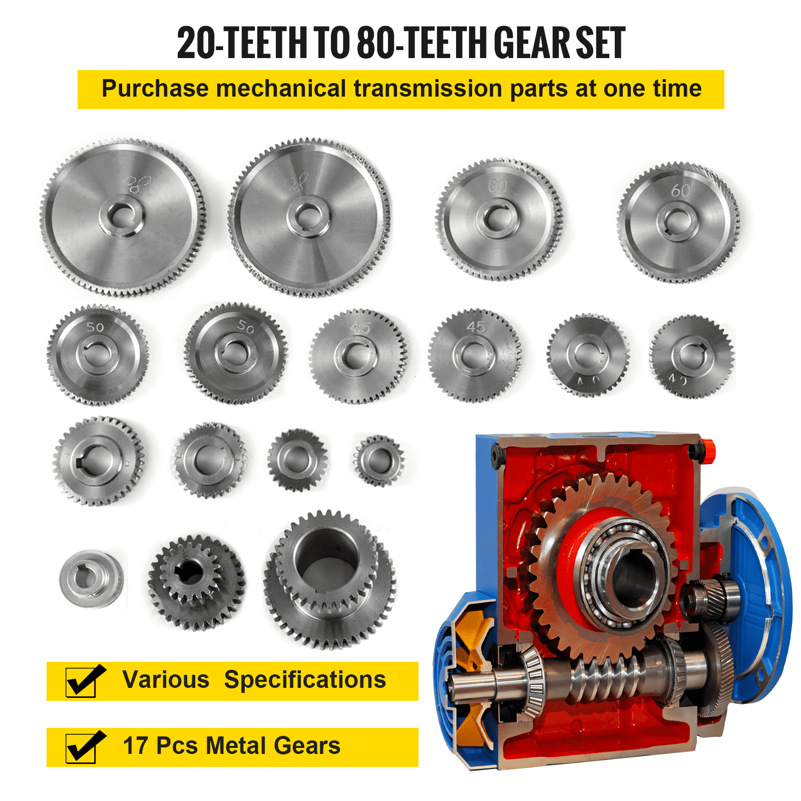 VEVOR 17pcs/Set CJ0618 Lathe Mini Lathe Gears Metal Cutting Machine Gears Lathe Gears Kit Metal Exchange Gear Mini Mill (17pcs)