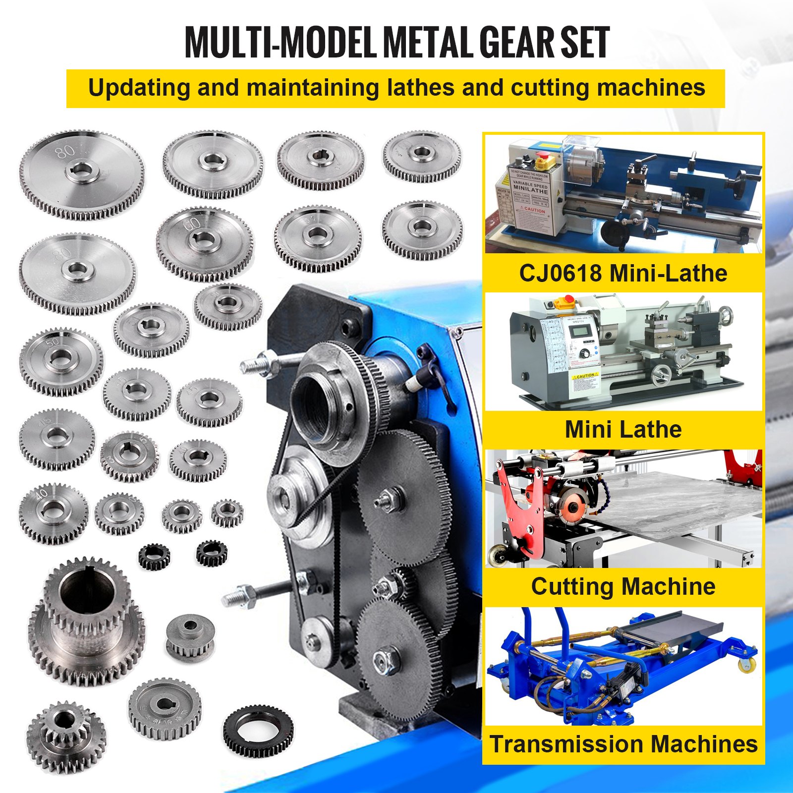 VEVOR mini lathe gears in a multi-model metal gear set for updating and maintaining lathes.