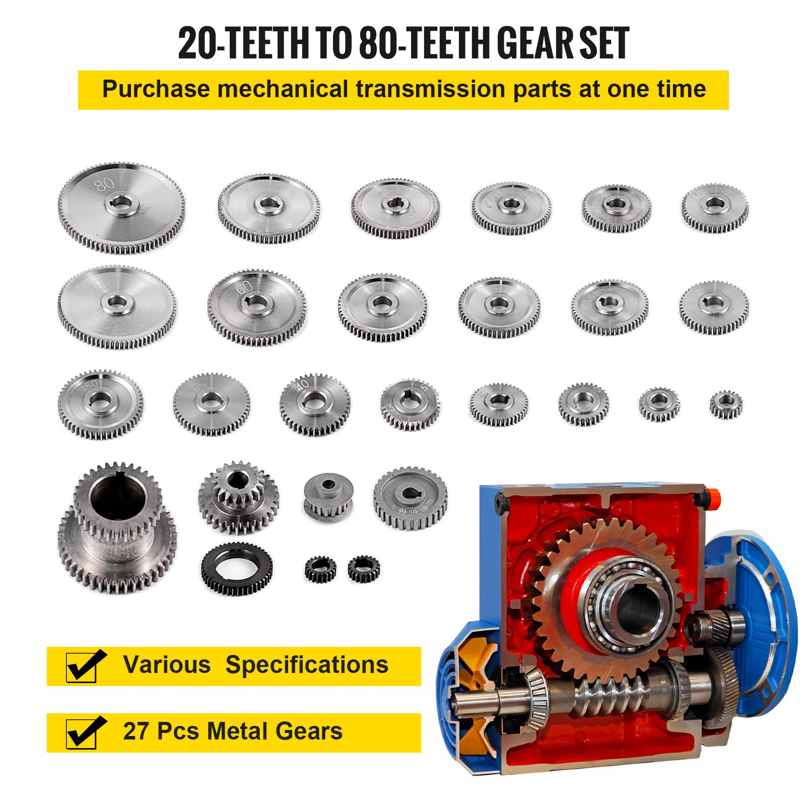 20-teeth to 80-teeth gear set with various specifications and 27 pcs metal gears.