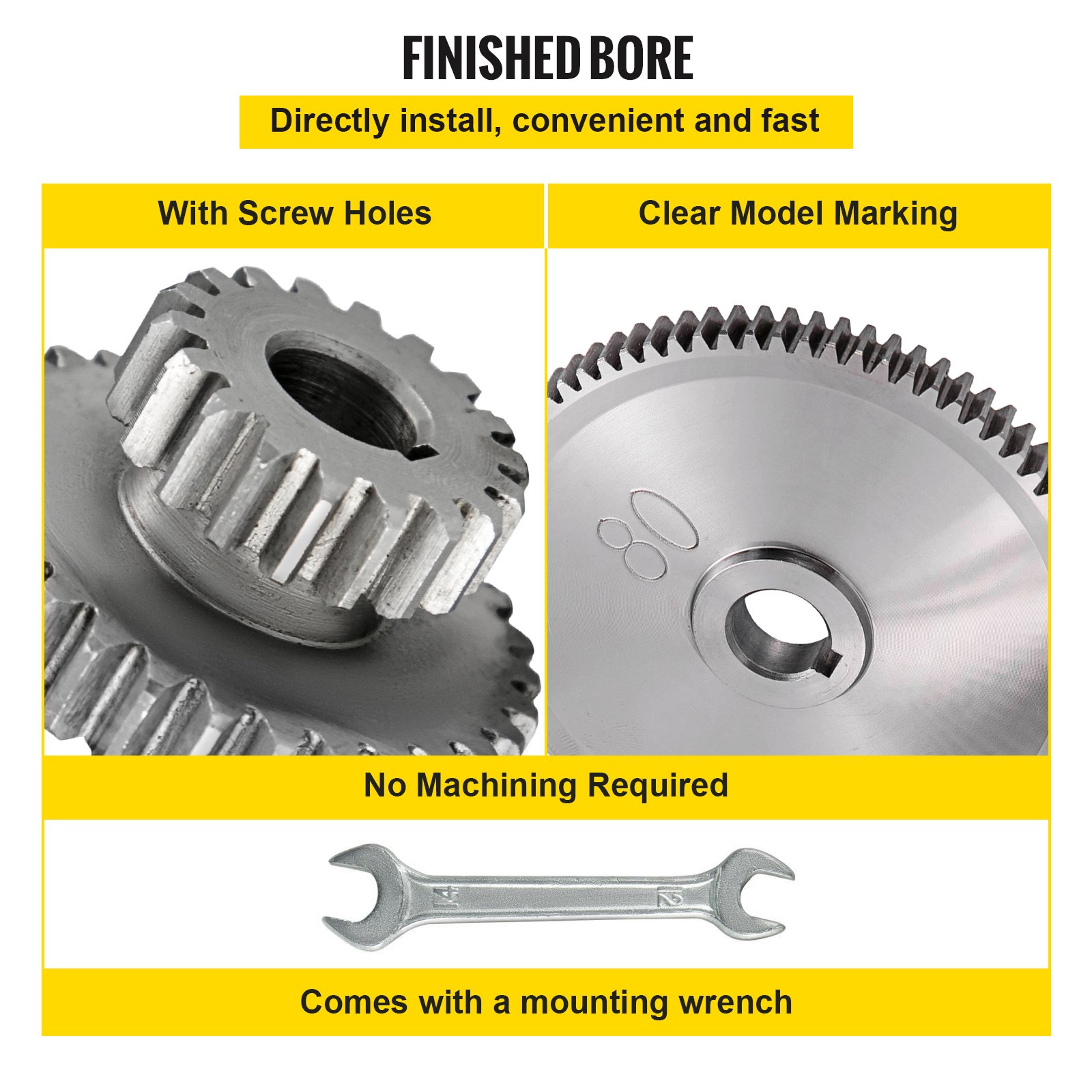VEVOR mini lathe gears with screw holes, model marking, and mounting wrench included.