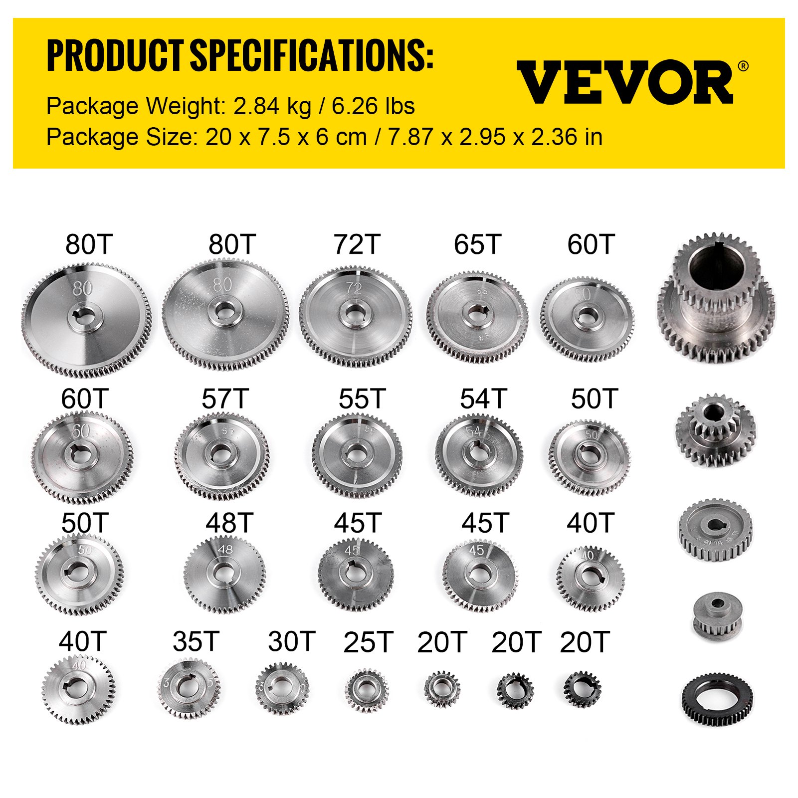 VEVOR mini lathe gears in various sizes, from 80t to 20t, with product specifications.