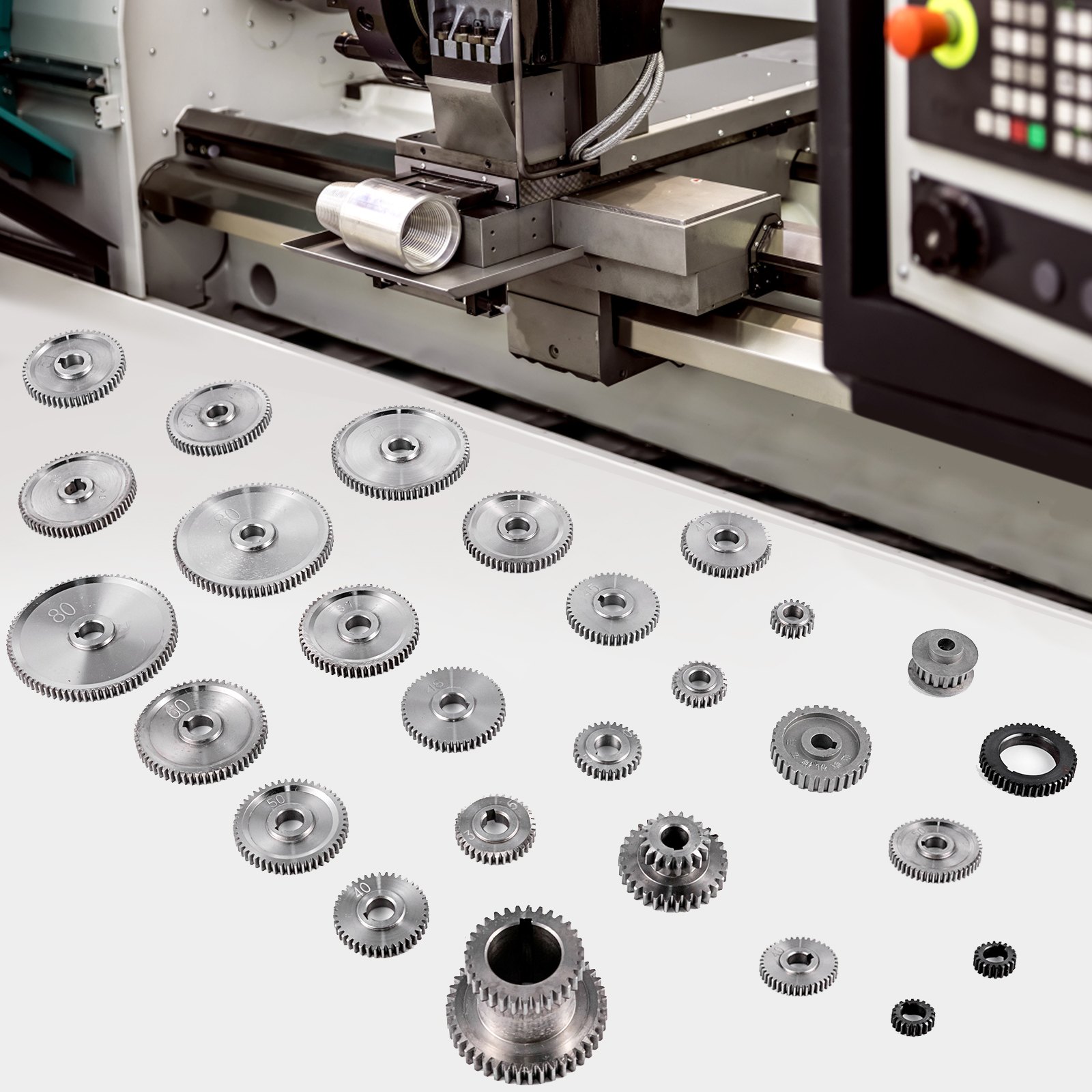 VEVOR mini lathe gears with various sizes displayed near a cnc machine.