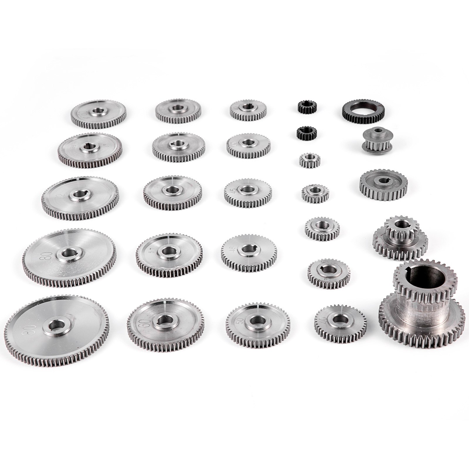 various sizes of VEVOR mini lathe gears arranged on a white surface.