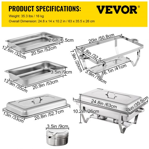 VEVOR Chafing Dish 2 Packs, 9 Quart Stainless Steel Chafer Complete Set, Rectangular Chafers for Catering Buffet Warmer Set with Folding Frame
