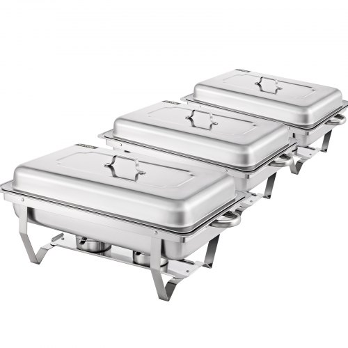 VEVOR Chafing Dish 3 Packs, 9 Quart Stainless Steel Chafer Complete Set, Rectangular Chafers for Catering Buffet Warmer Set with Folding Frame