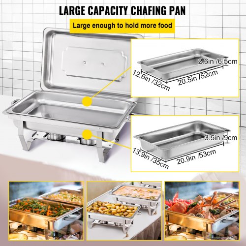 VEVOR 3 Packs Stainless Steel Chafing Dishes Sets 2 Half Size Pans 8 Quart Rectangular Chafer Complete Set Buffet Tray Food Warmer for Buffets Catering Parties