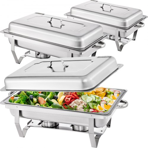 VEVOR 3 Packs Stainless Steel Chafing Dishes Sets 2 Half Size Pans 8 Quart Rectangular Chafer Complete Set Buffet Tray Food Warmer for Buffets Catering Parties