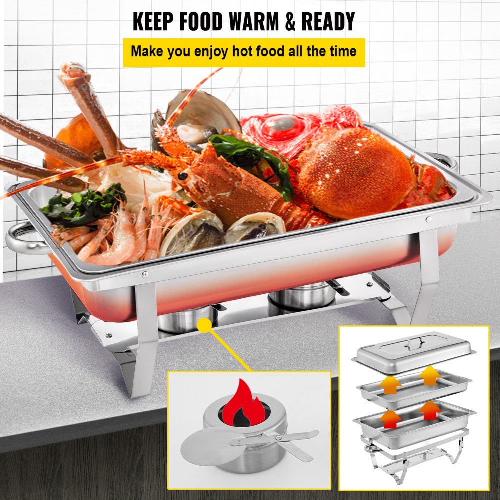 VEVOR 3 Packs Stainless Steel Chafing Dishes Sets 2 Half Size Pans 8 Quart Rectangular Chafer Complete Set Buffet Tray Food Warmer for Buffets Catering Parties