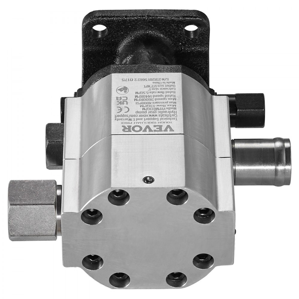 VEVOR hydraulic wood splitter pump in silver and black with brass fittings.