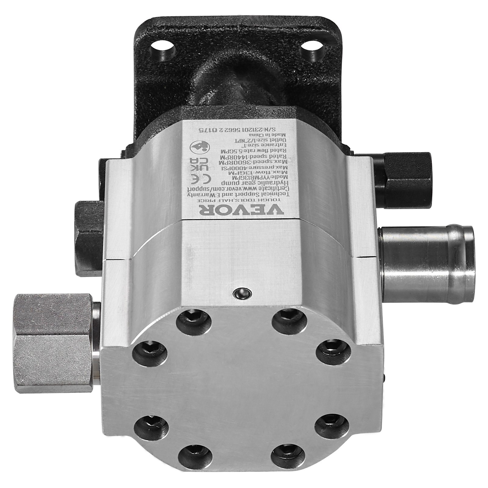 VEVOR hydraulic wood splitter pump in silver and black with brass fittings.