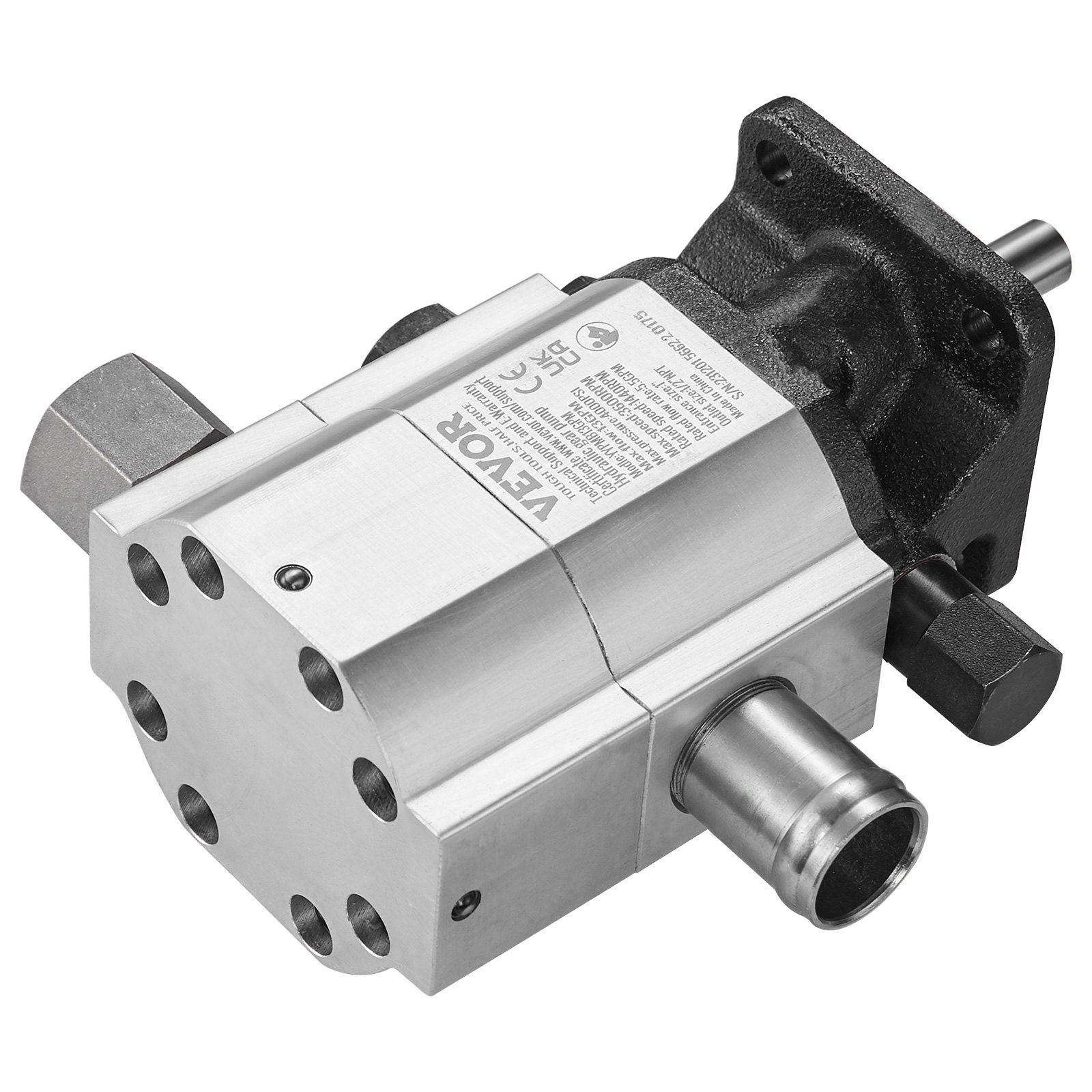 VEVOR hydraulic wood splitter pump in silver and black with gold connectors.