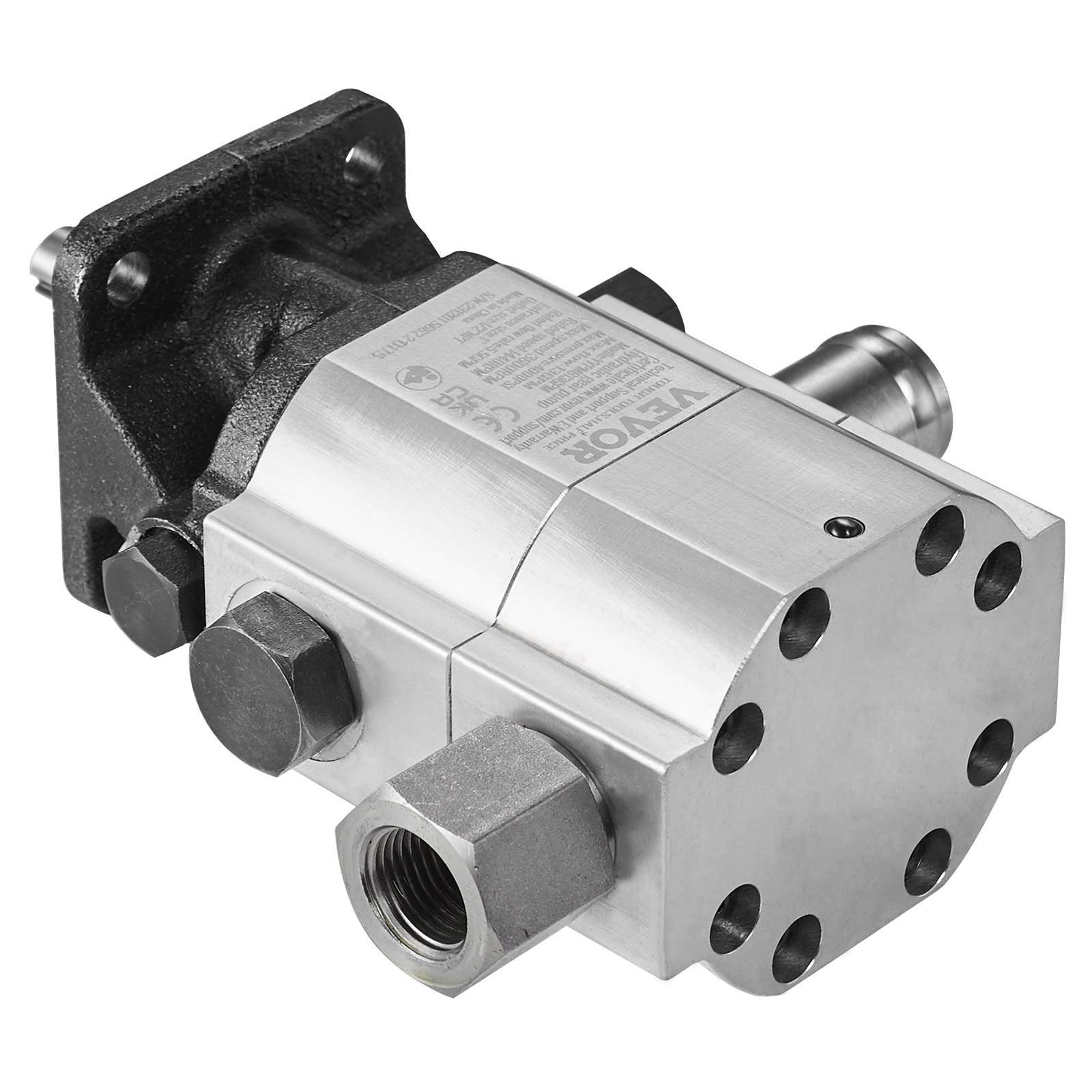 silver and black VEVOR hydraulic wood splitter pump with metallic fittings.