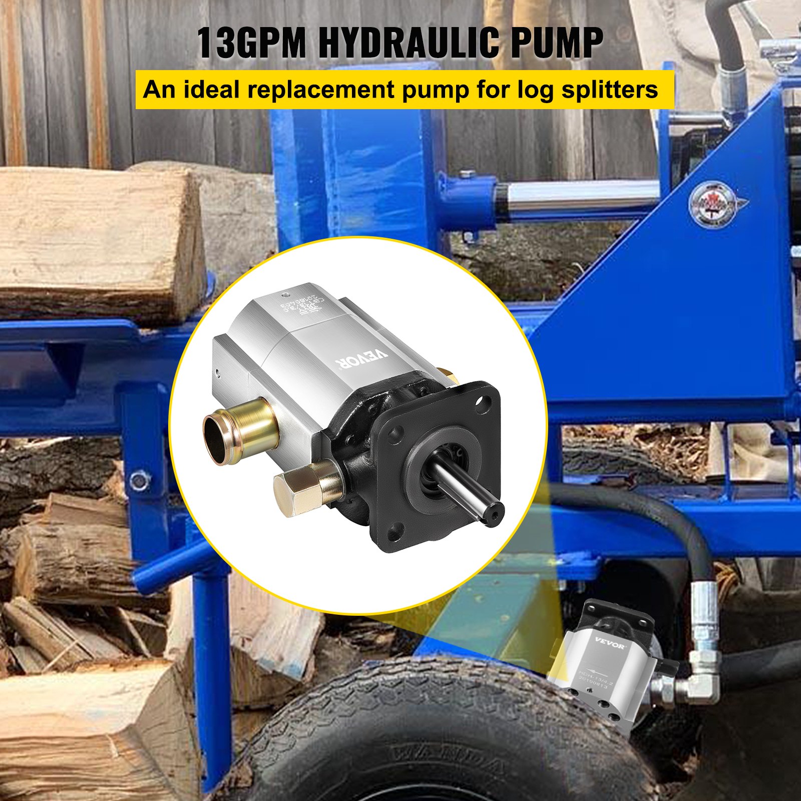 VEVOR Hydraulic Log Splitter Pump, 13GPM, 2 Stage 3000PSI Wood Log Splitter Pump, 1'' Inlet 1/2'' NPT Outlet 3600 RPM Aluminum Hydraulic Gear Pump, for Small Engine Mounting Log Splitters Snowplow