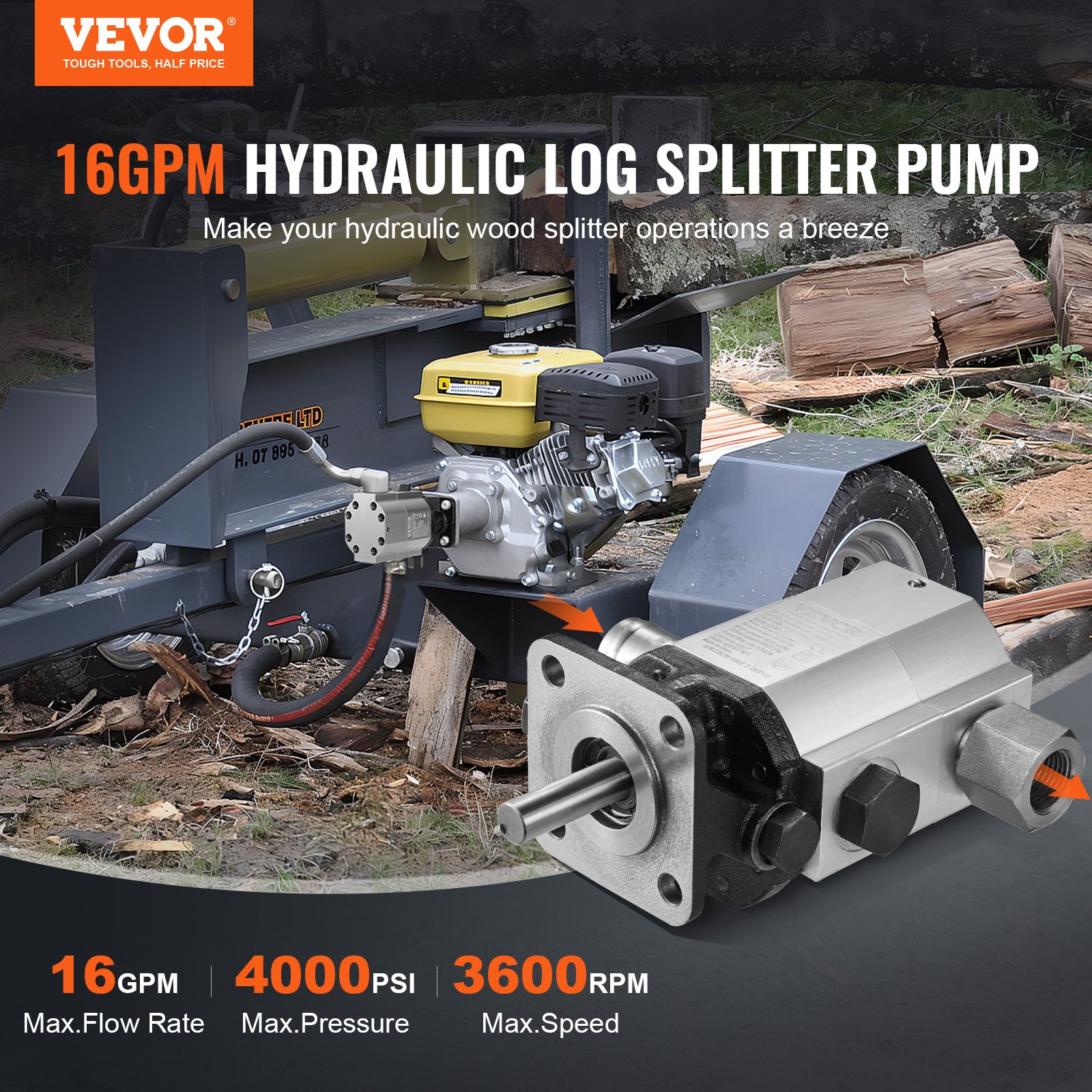 VEVOR Hydraulic Wood Log Splitter Pump Kit, 60.6 L/min, 2 Stage 27.6MPa Aluminum Hydraulic Gear Pump, with Valve 2.54 cm Inlet 1.27 cm NPT Outlet 3600 RPM, for Small Engine Mounting Log Splitters