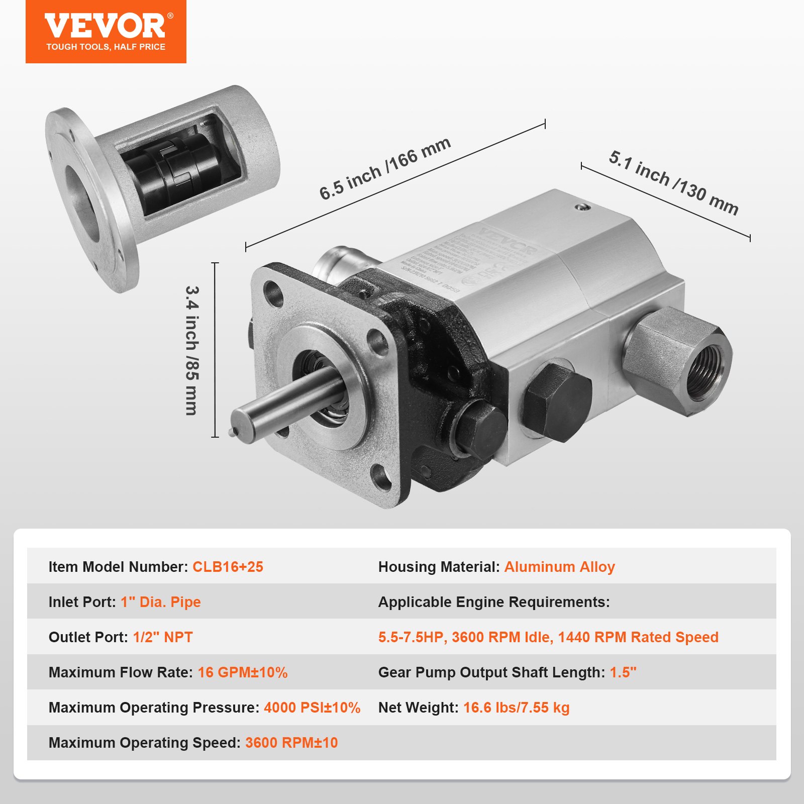 VEVOR Hydraulic Wood Log Splitter Pump Kit, 60.6 L/min, 2 Stage 27.6MPa Aluminum Hydraulic Gear Pump, with Valve 2.54 cm Inlet 1.27 cm NPT Outlet 3600 RPM, for Small Engine Mounting Log Splitters