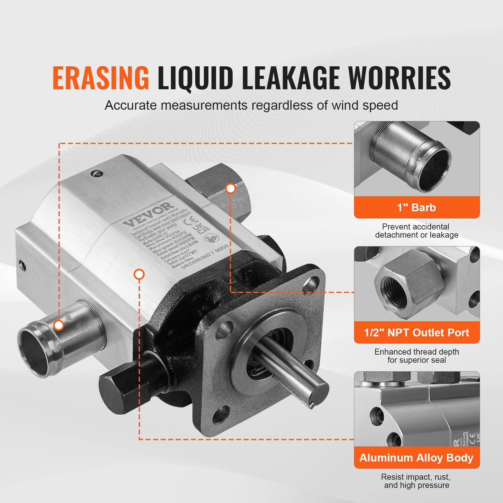 VEVOR hydraulic pump with 1&quot; barb, 1/2&quot; npt outlet port, and aluminum alloy body.