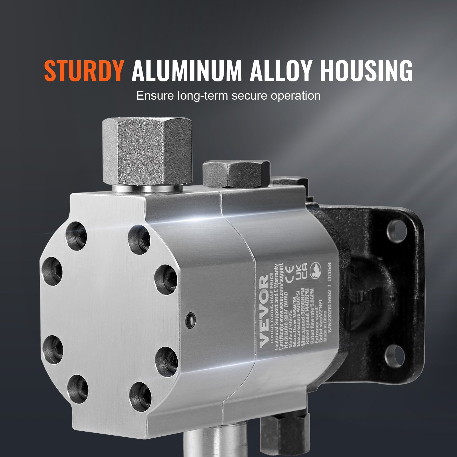 VEVOR hydraulic pump with sturdy aluminum alloy housing for secure operation.