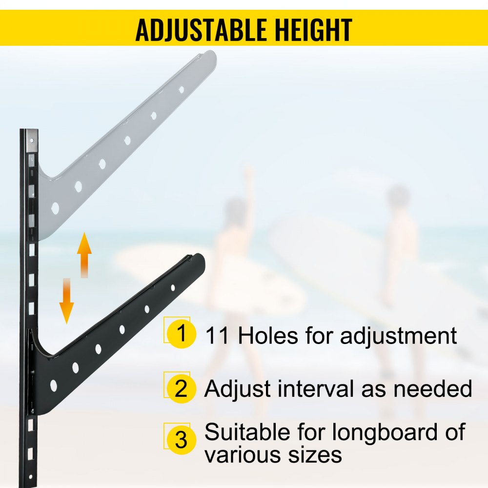 VEVOR Estante para tablas de surf, estante para tablas de wakeboard de 2 niveles, estante para tablas de surf con capacidad de 50 libras para pared, soporte de pared para tablas de surf con capacidad para 2 tablas, estante de pared ajustable para tablas de surf con estructura de acero, soporte horizontal para tablas de surf