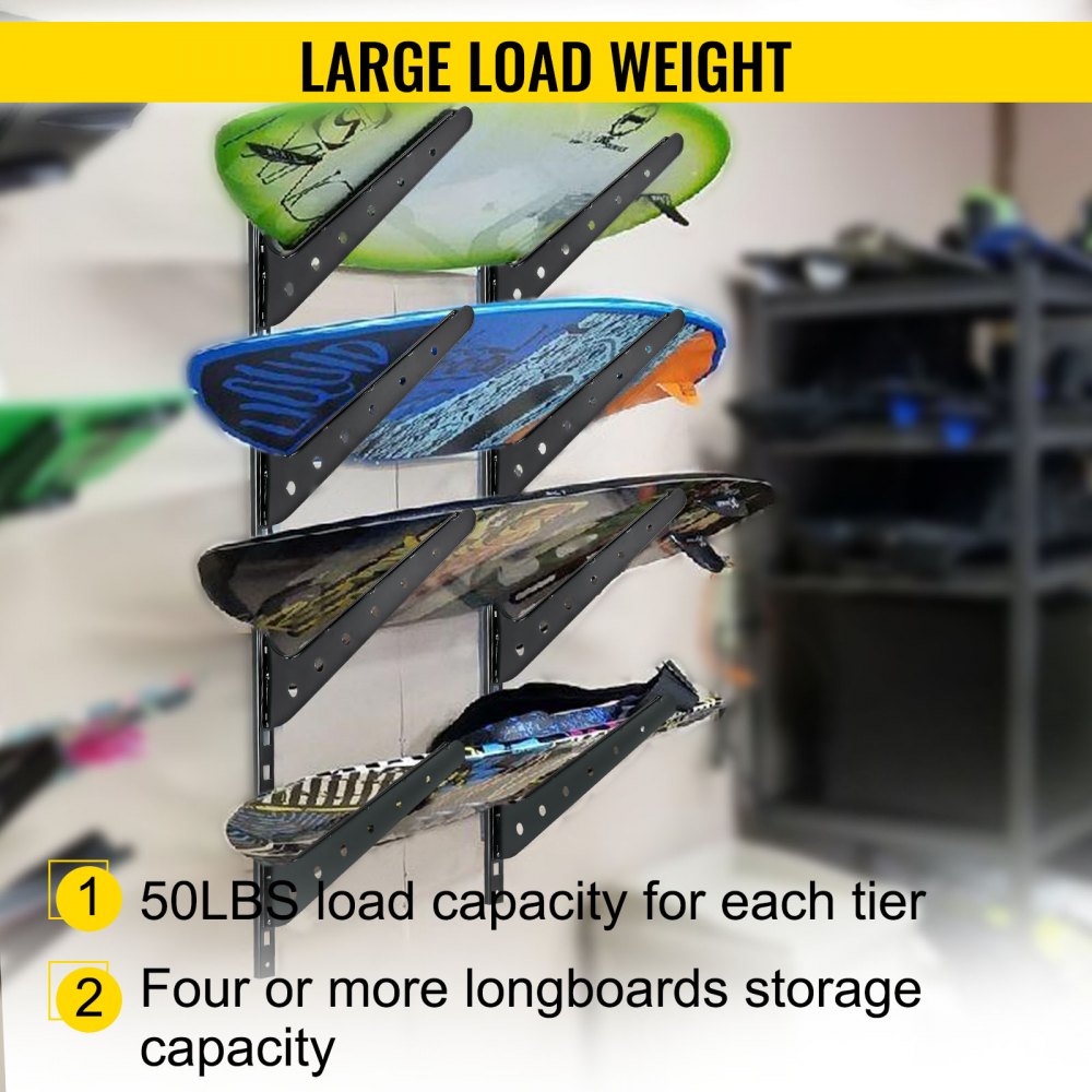 VEVOR Surfboard Rack, 4 Tiers Wakeboard Rack, 50lbs Capacity Surfboard Rack for Wall, Surfboard Wall Mount Holds 4 Boards, Adjustable Surfboard Wall Rack w/ Steel Structure, Horizontal Surfboard Stand