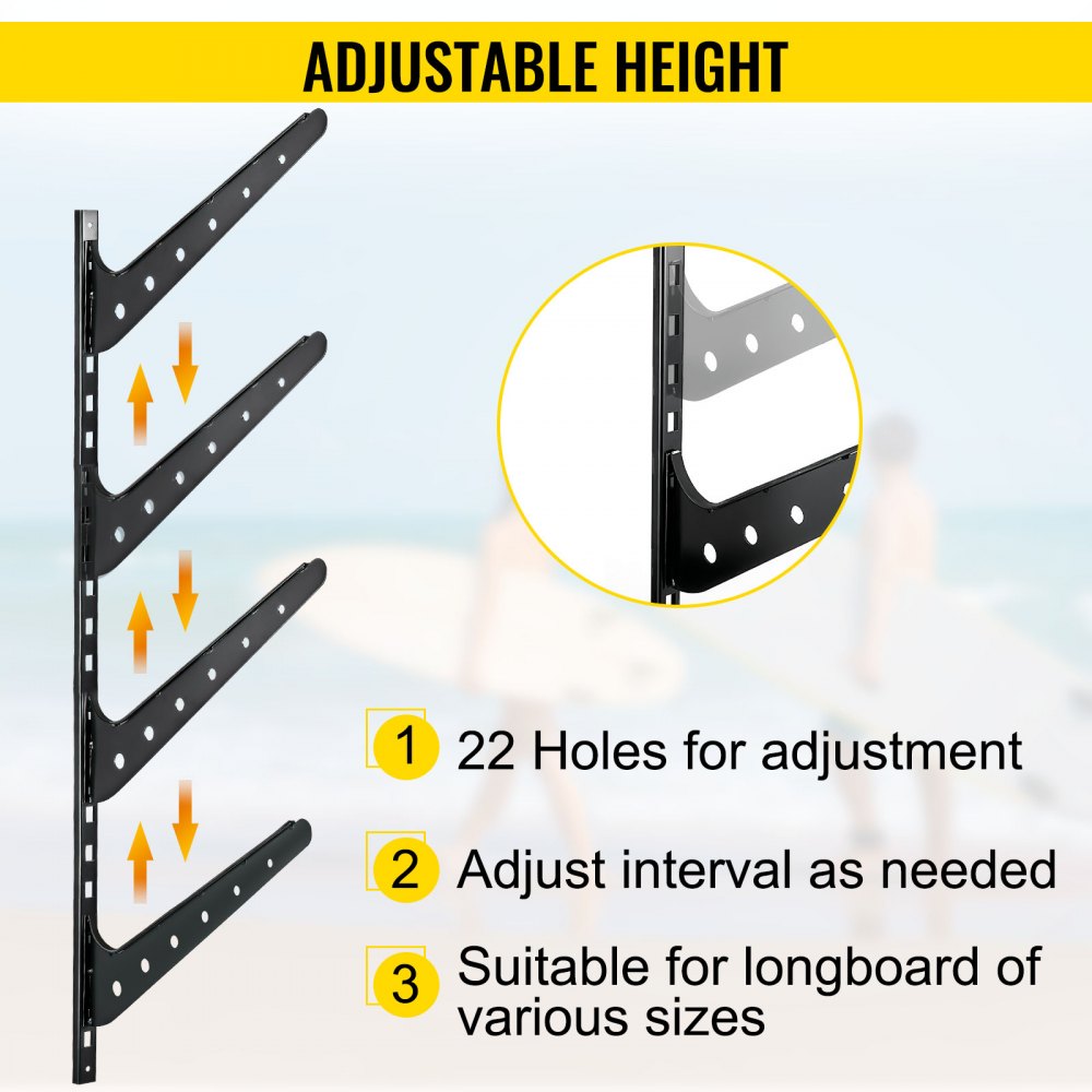 VEVOR Surfboard Rack, 4 Tiers Wakeboard Rack, 50lbs Capacity Surfboard Rack for Wall, Surfboard Wall Mount Holds 4 Boards, Adjustable Surfboard Wall Rack w/ Steel Structure, Horizontal Surfboard Stand