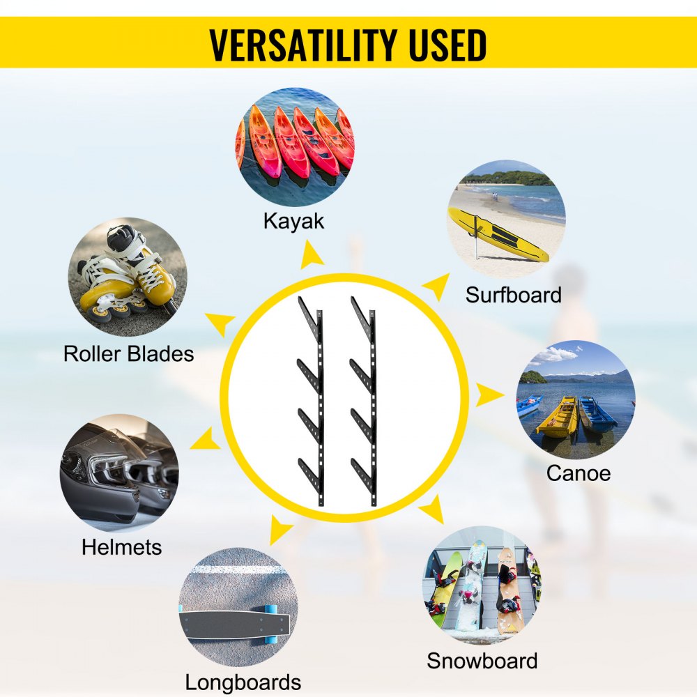 VEVOR Surfboard Rack, 4 Tiers Wakeboard Rack, 50lbs Capacity Surfboard Rack for Wall, Surfboard Wall Mount Holds 4 Boards, Adjustable Surfboard Wall Rack w/ Steel Structure, Horizontal Surfboard Stand