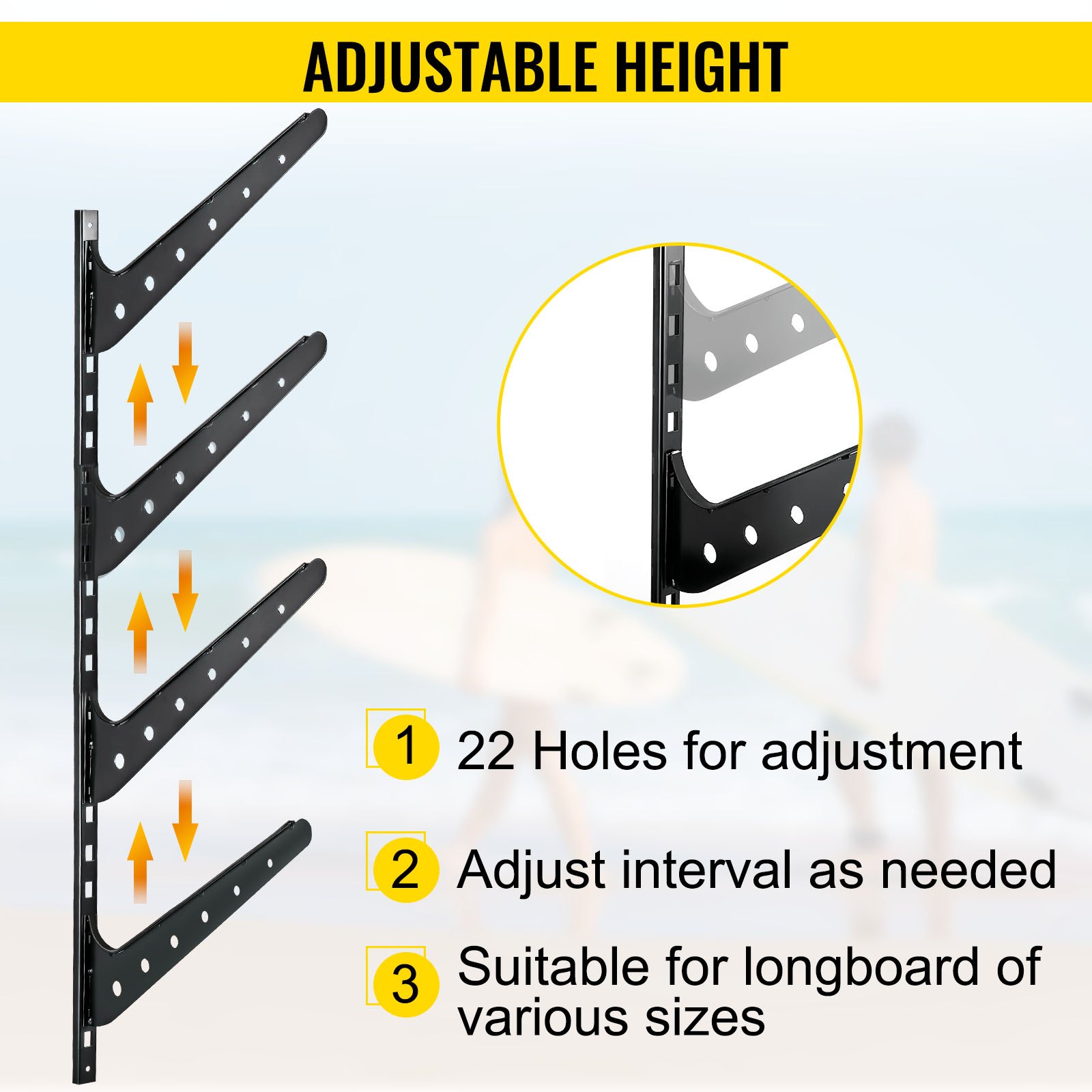 VEVOR Surfboard Rack, 4 Tiers Wakeboard Rack, 50lbs Capacity Surfboard Rack for Wall, Surfboard Wall Mount Holds 4 Boards, Adjustable Surfboard Wall Rack w/ Steel Structure, Horizontal Surfboard Stand