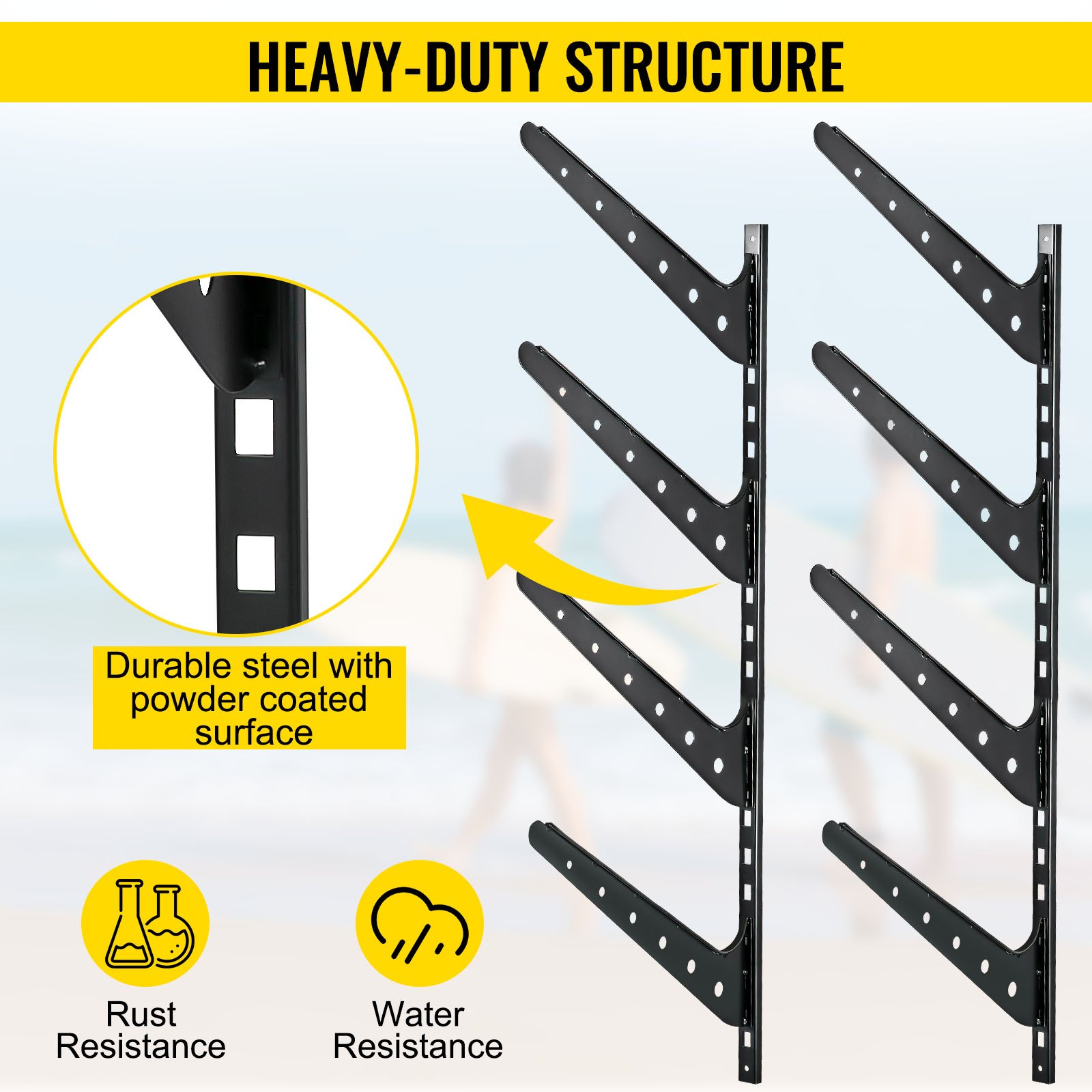 VEVOR Surfboard Rack, 4 Tiers Wakeboard Rack, 50lbs Capacity Surfboard Rack for Wall, Surfboard Wall Mount Holds 4 Boards, Adjustable Surfboard Wall Rack w/ Steel Structure, Horizontal Surfboard Stand