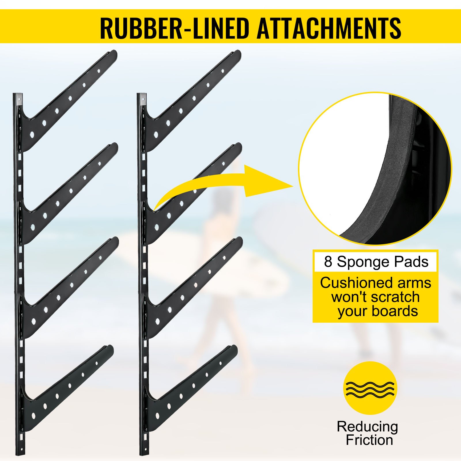 VEVOR Surfboard Rack, 4 Tiers Wakeboard Rack, 50lbs Capacity Surfboard Rack for Wall, Surfboard Wall Mount Holds 4 Boards, Adjustable Surfboard Wall Rack w/ Steel Structure, Horizontal Surfboard Stand