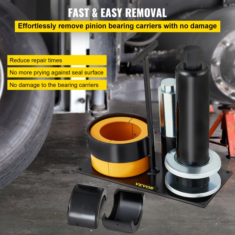 VEVOR pinion bearing puller in use, showcasing parts and benefits for easy removal.