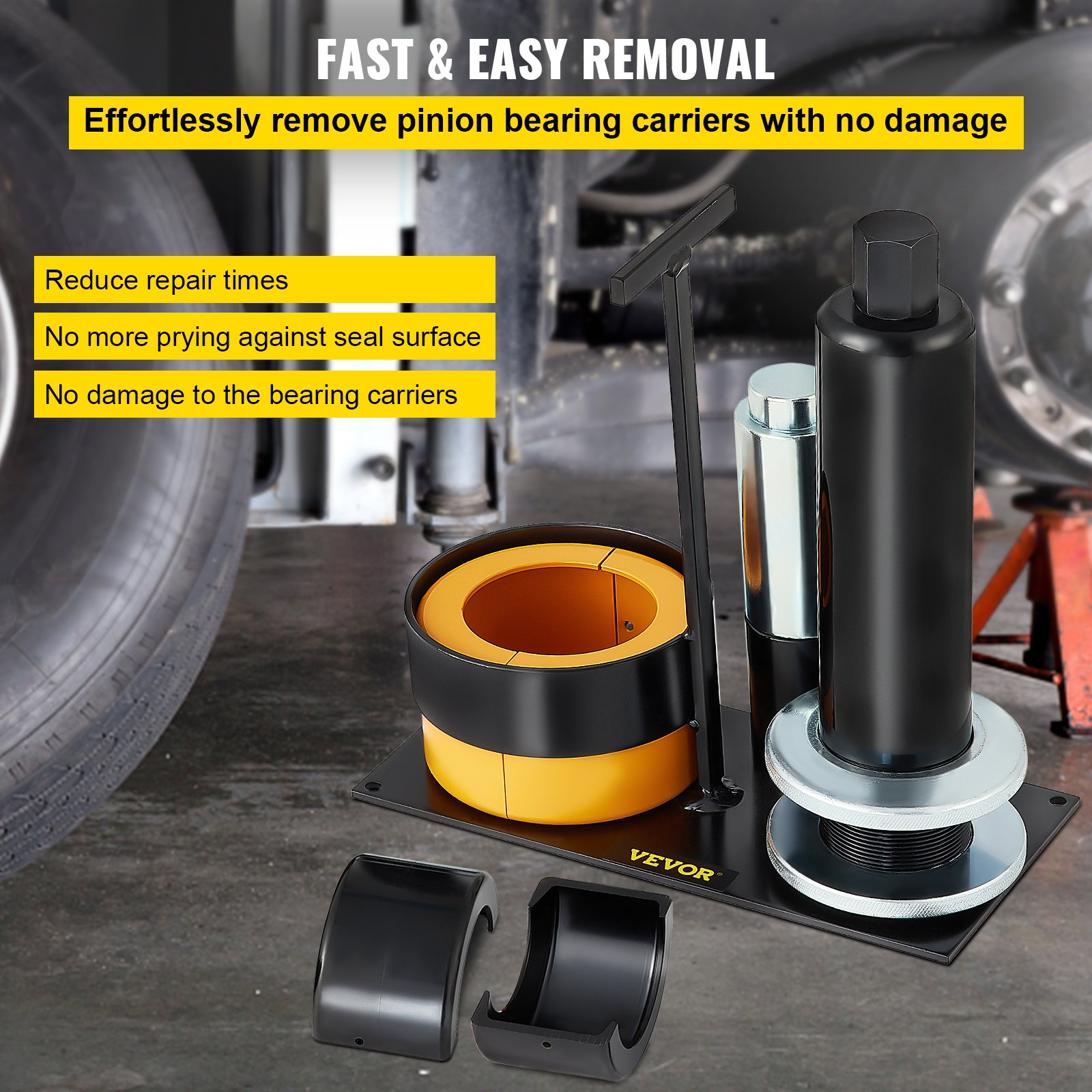VEVOR pinion bearing puller in use, showcasing parts and benefits for easy removal.