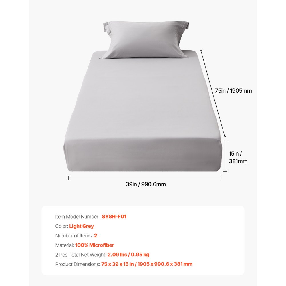 VEVOR Fitted Sheet, 1 Set of 2 Pieces, Twin Size Elastic Fitted Sheet with High-Quality Microfiber, Wear-Resistant & Breathable Twin Fitted Sheet with Single-Sided Brushing, Fit for 15 in Mattress