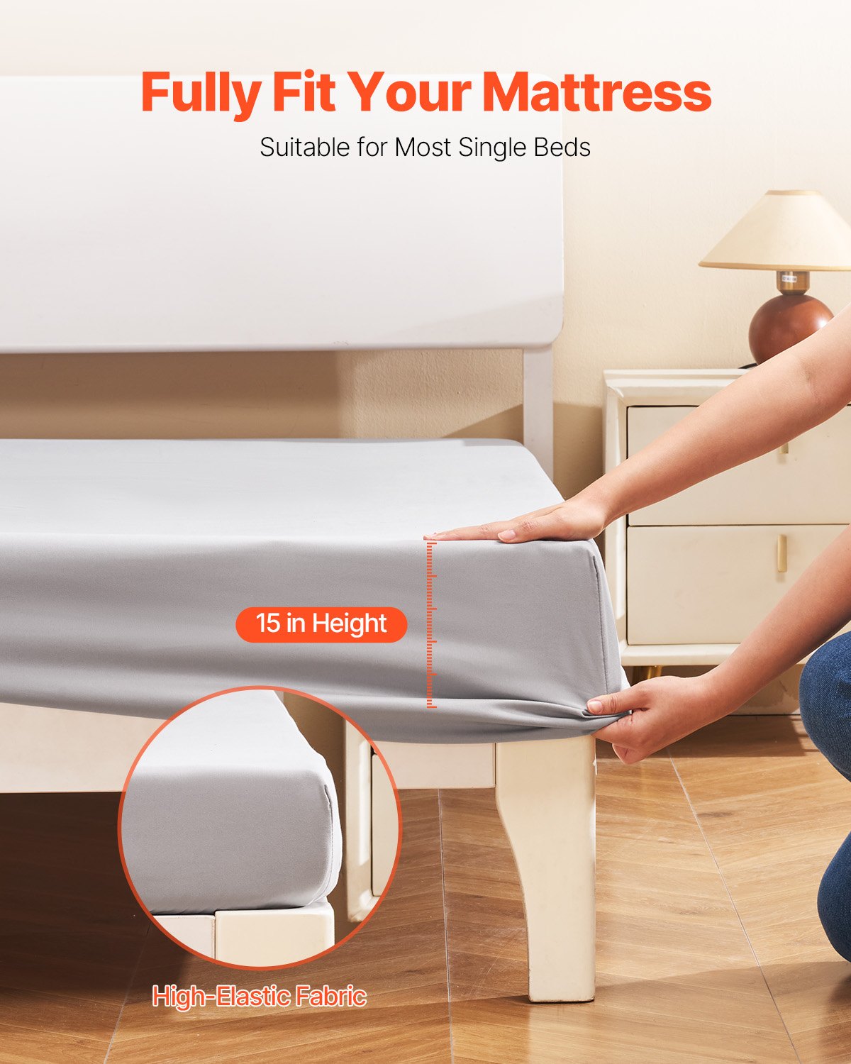 VEVOR Fitted Sheet, 1 Set of 2 Pieces, Twin Size Elastic Fitted Sheet with High-Quality Microfiber, Wear-Resistant & Breathable Twin Fitted Sheet with Single-Sided Brushing, Fit for 15 in Mattress