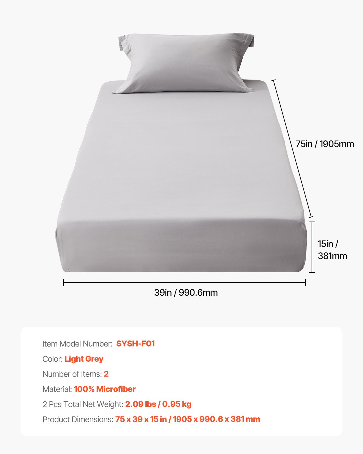 VEVOR Fitted Sheet, 1 Set of 2 Pieces, Twin Size Elastic Fitted Sheet with High-Quality Microfiber, Wear-Resistant & Breathable Twin Fitted Sheet with Single-Sided Brushing, Fit for 15 in Mattress