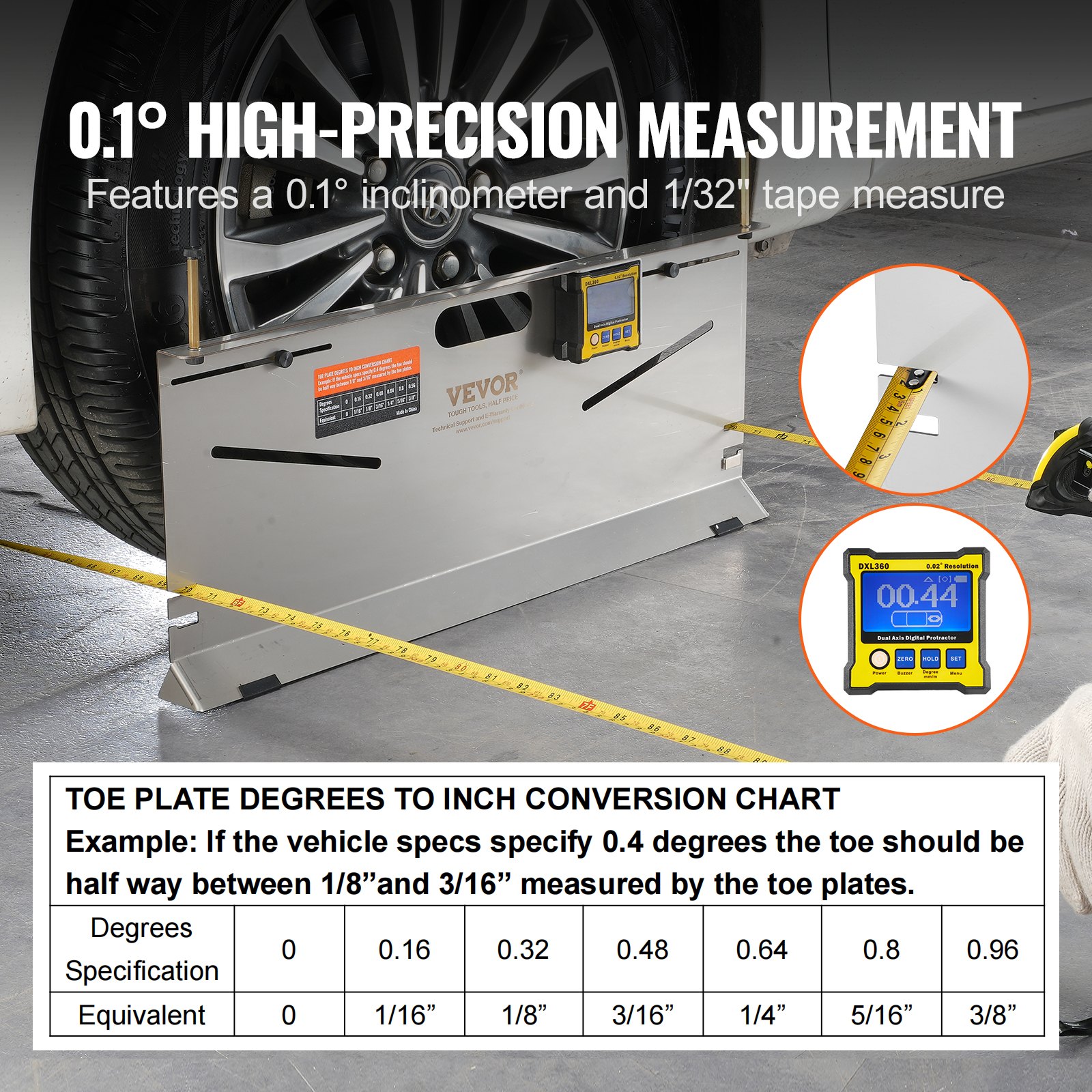 VEVOR Wheel Alignment Tool, 2-Pack Toe Plates, Camber/Caster/Toe Gauge 0.1° Accuracy, Stainless Steel Tool Plate, Magnetic Slots and 6 Alignment Rods, Includes 2 Measuring Tapes & Conversion Chart