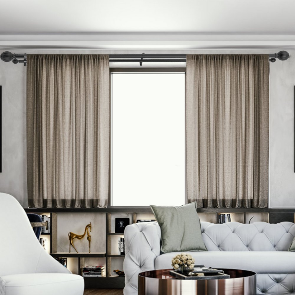 VEVOR Double Rod Curtain Rods, 91.4-182.9 cm Adjustable Length, Black Double Curtain Rods with Round Finials, 2.5 cm and 1.9 cm Diameter, Double Window Drapery Rod for Sheer and Blackout Curtains