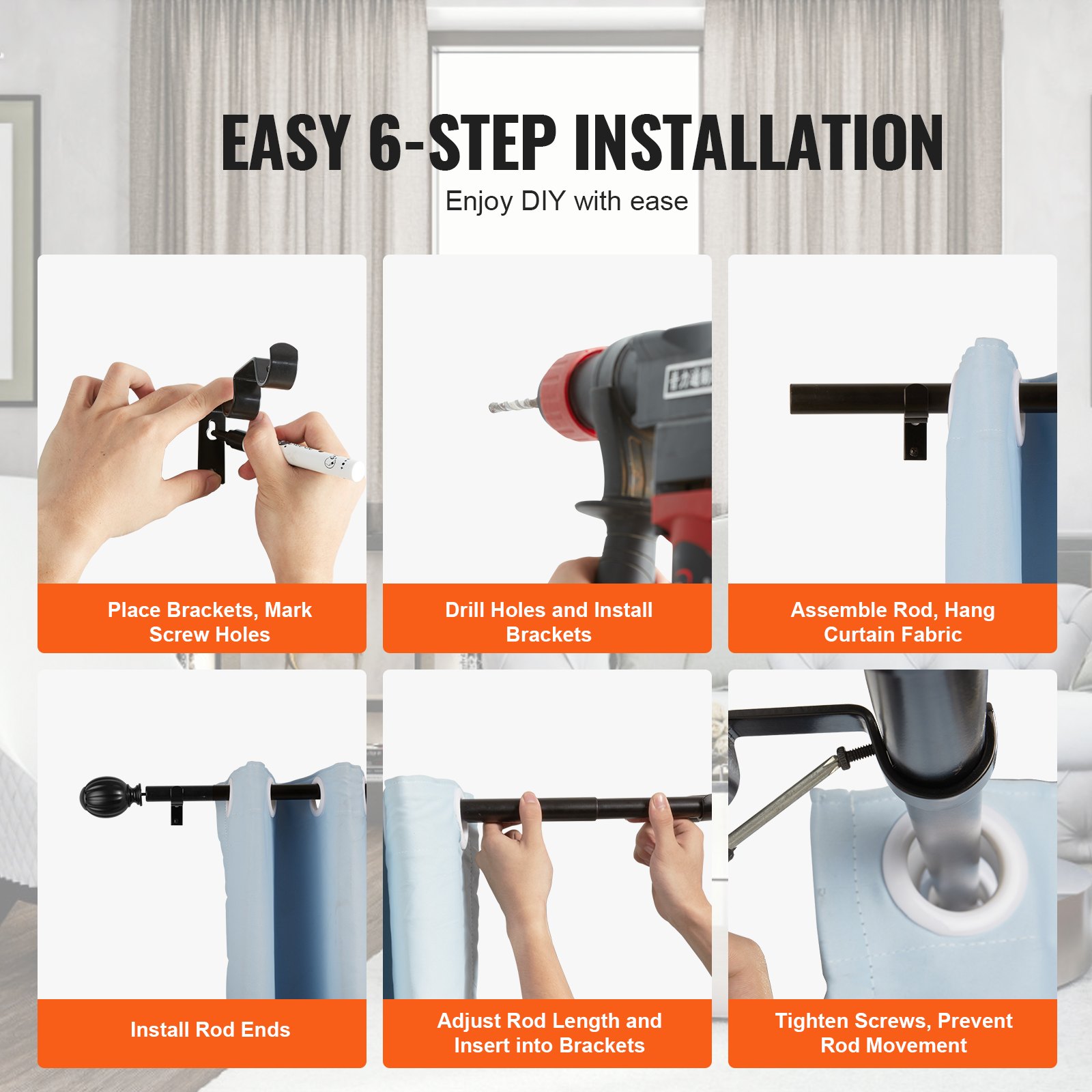 VEVOR Double Rod Curtain Rods, 91.4-182.9 cm Adjustable Length, Black Double Curtain Rods with Round Finials, 2.5 cm and 1.9 cm Diameter, Double Window Drapery Rod for Sheer and Blackout Curtains