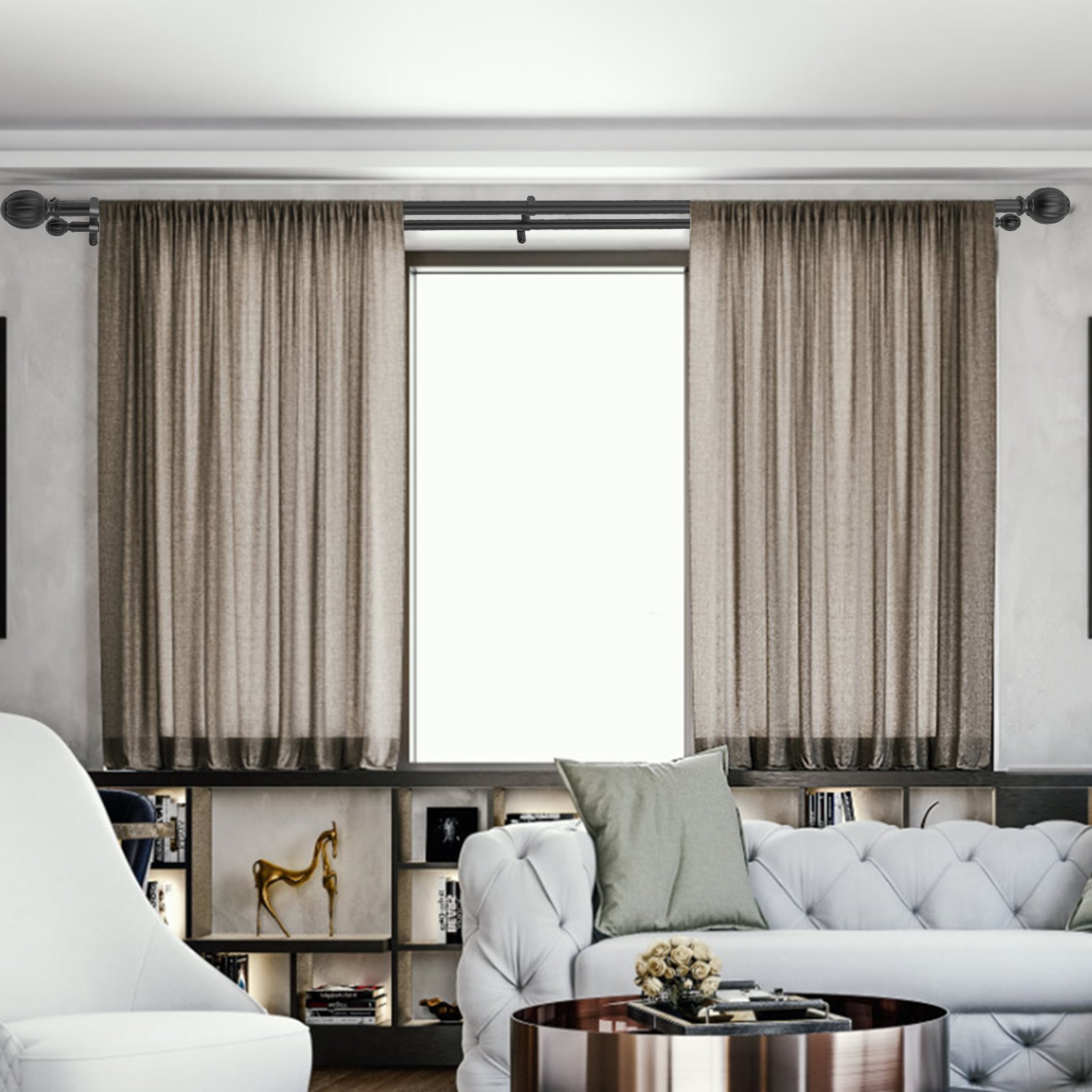 VEVOR Double Rod Curtain Rods, 91.4-182.9 cm Adjustable Length, Black Double Curtain Rods with Round Finials, 2.5 cm and 1.9 cm Diameter, Double Window Drapery Rod for Sheer and Blackout Curtains