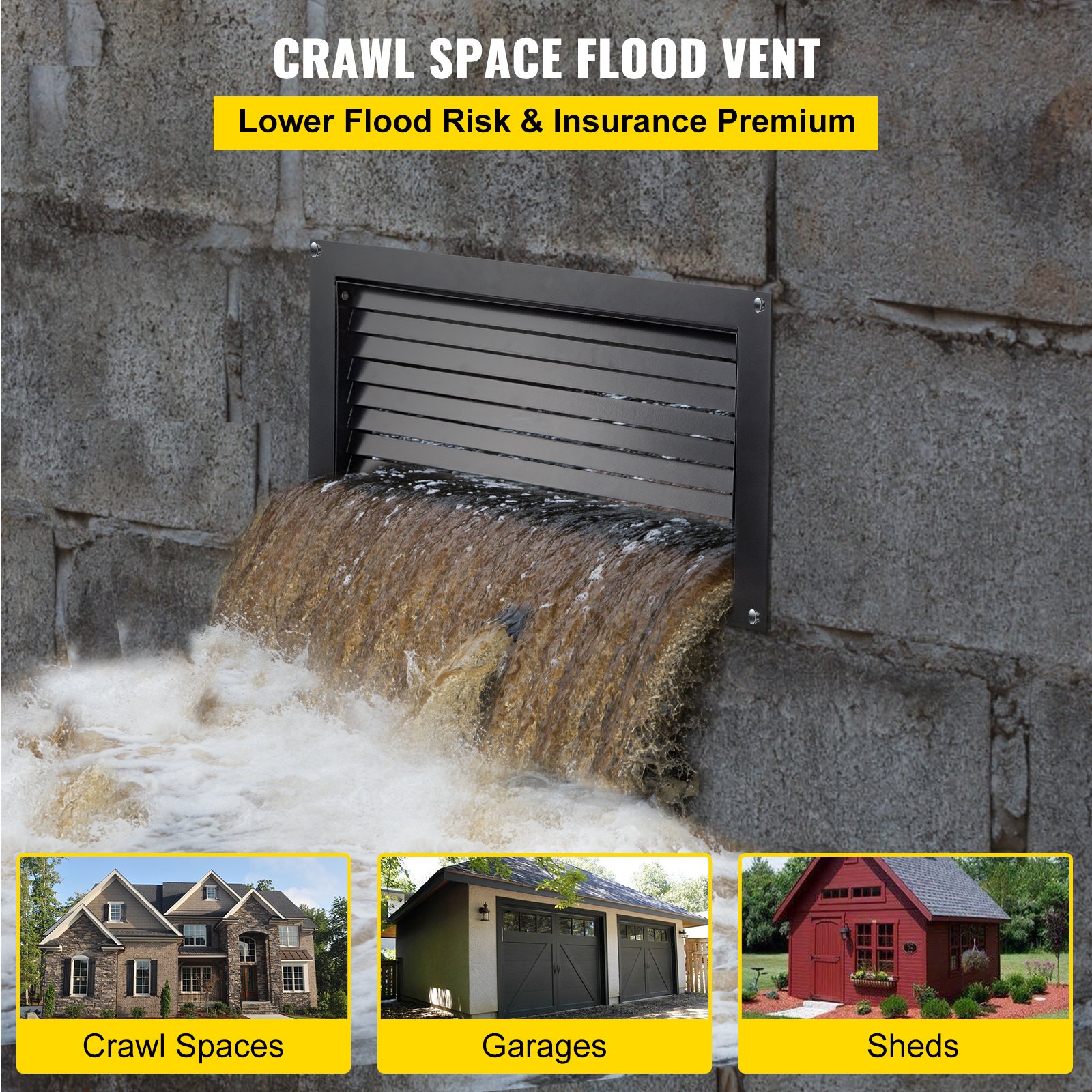 VEVOR Crawl Space Flood Vent, 12\" Height x 20\" Width Foundation Flood Vent, to Reduce Foundation Damage and Flood Risk, Black, Wall Mounted Flood Vent,for Crawl Spaces,Garages & Full Height Enclosur