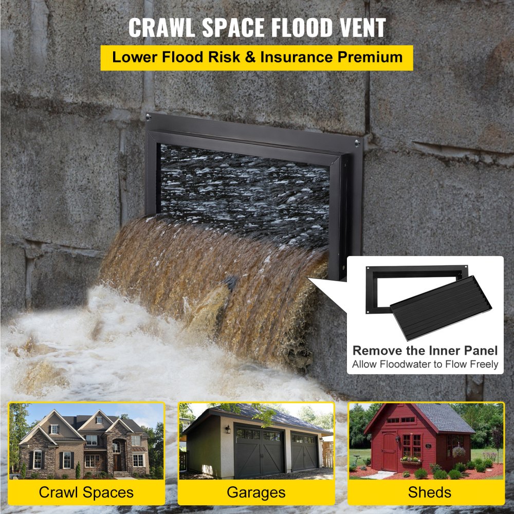 VEVOR Crawl Space Flood Vent 8" Height x 16" Width Foundation Flood Vent to Reduce Foundation Damage and Flood Risk, Black, Wall Mounted Flood Vent, for Crawl Spaces, Garages & Full Height Enclosures