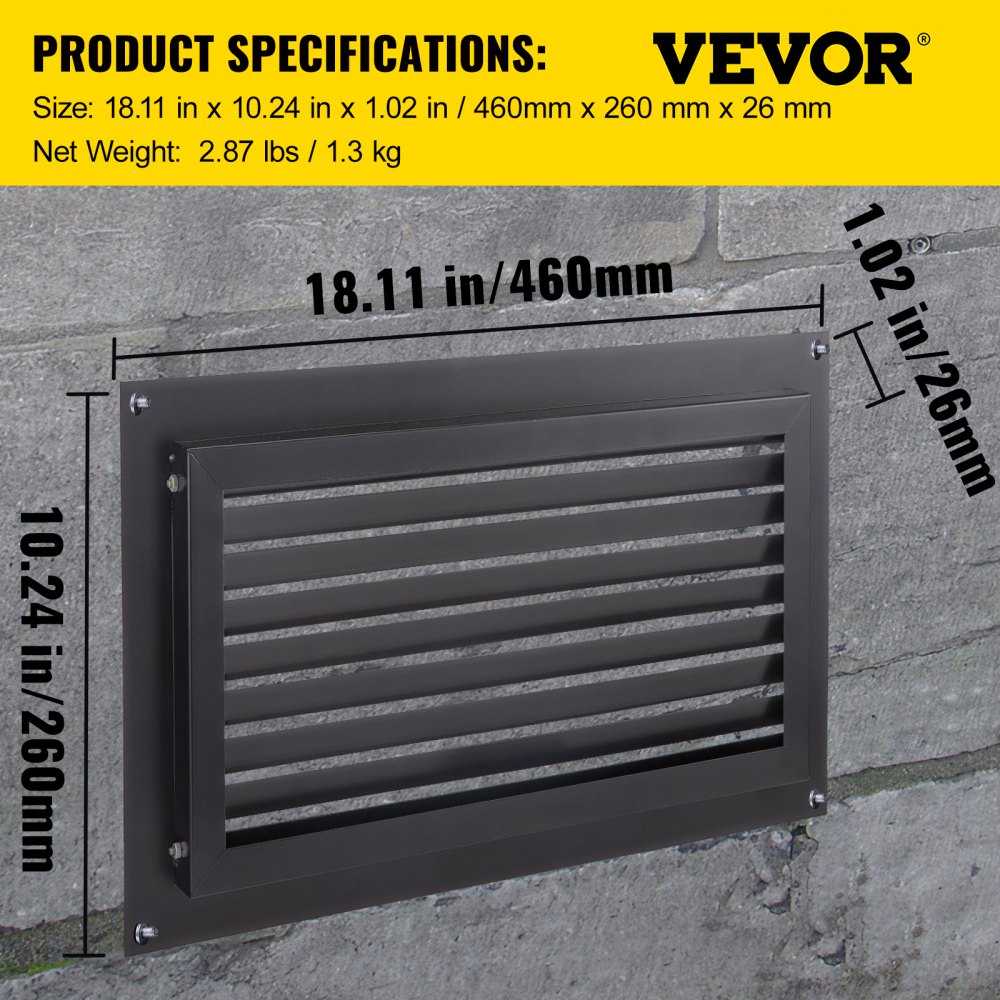 VEVOR Foundation Flood Vent, 8\" Height x 16\" Width Flood Vent, to Reduce Foundation Damage and Flood Risk, Black, Wall Mounted Flood Vent, for Garages & Full Height Enclosures