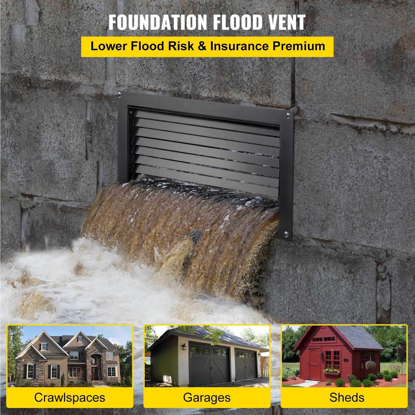 VEVOR Foundation Flood Vent, 8\" Height x 16\" Width Flood Vent, to Reduce Foundation Damage and Flood Risk, Black, Wall Mounted Flood Vent, for Garages & Full Height Enclosures
