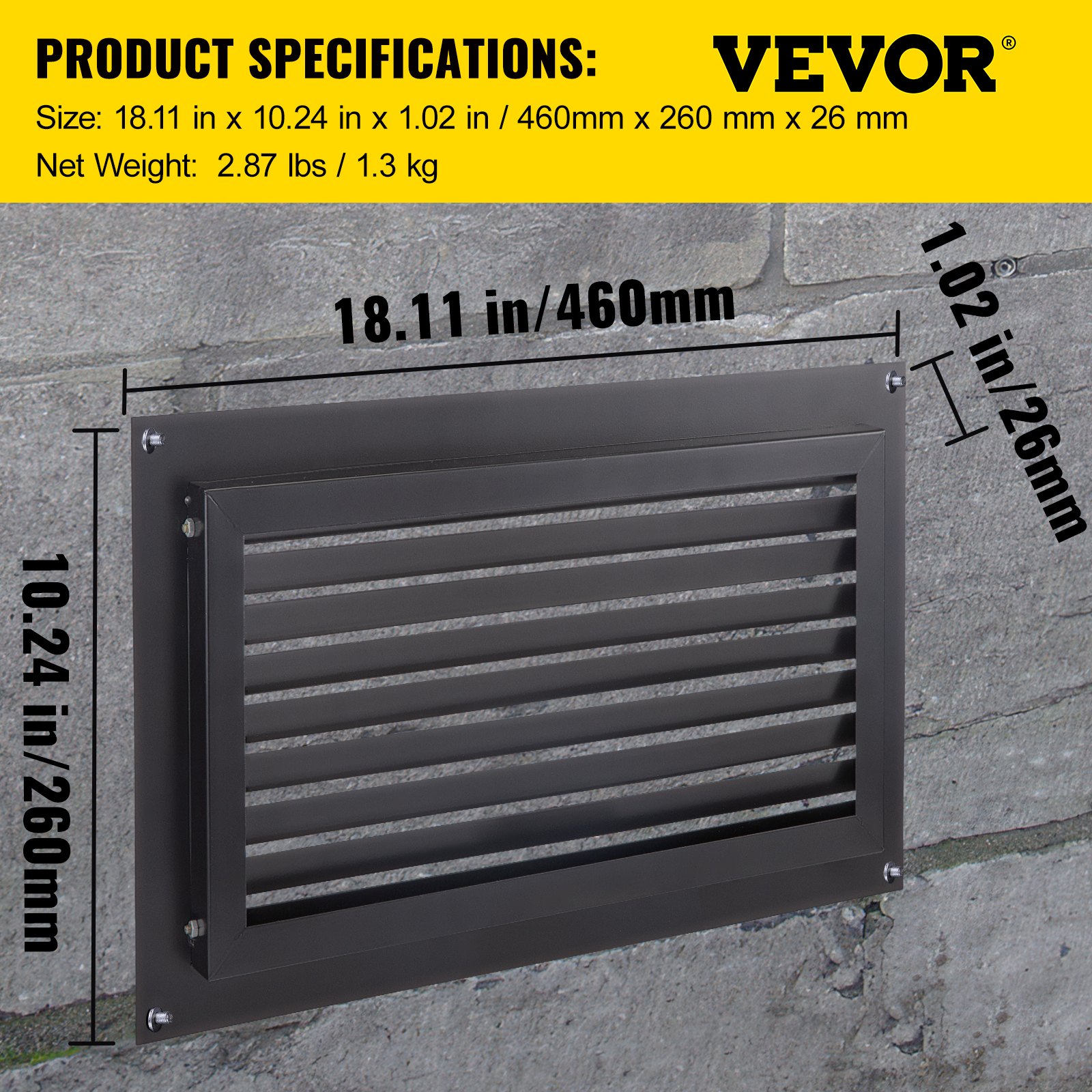 VEVOR Foundation Flood Vent, 8\" Height x 16\" Width Flood Vent, to Reduce Foundation Damage and Flood Risk, Black, Wall Mounted Flood Vent, for Garages & Full Height Enclosures